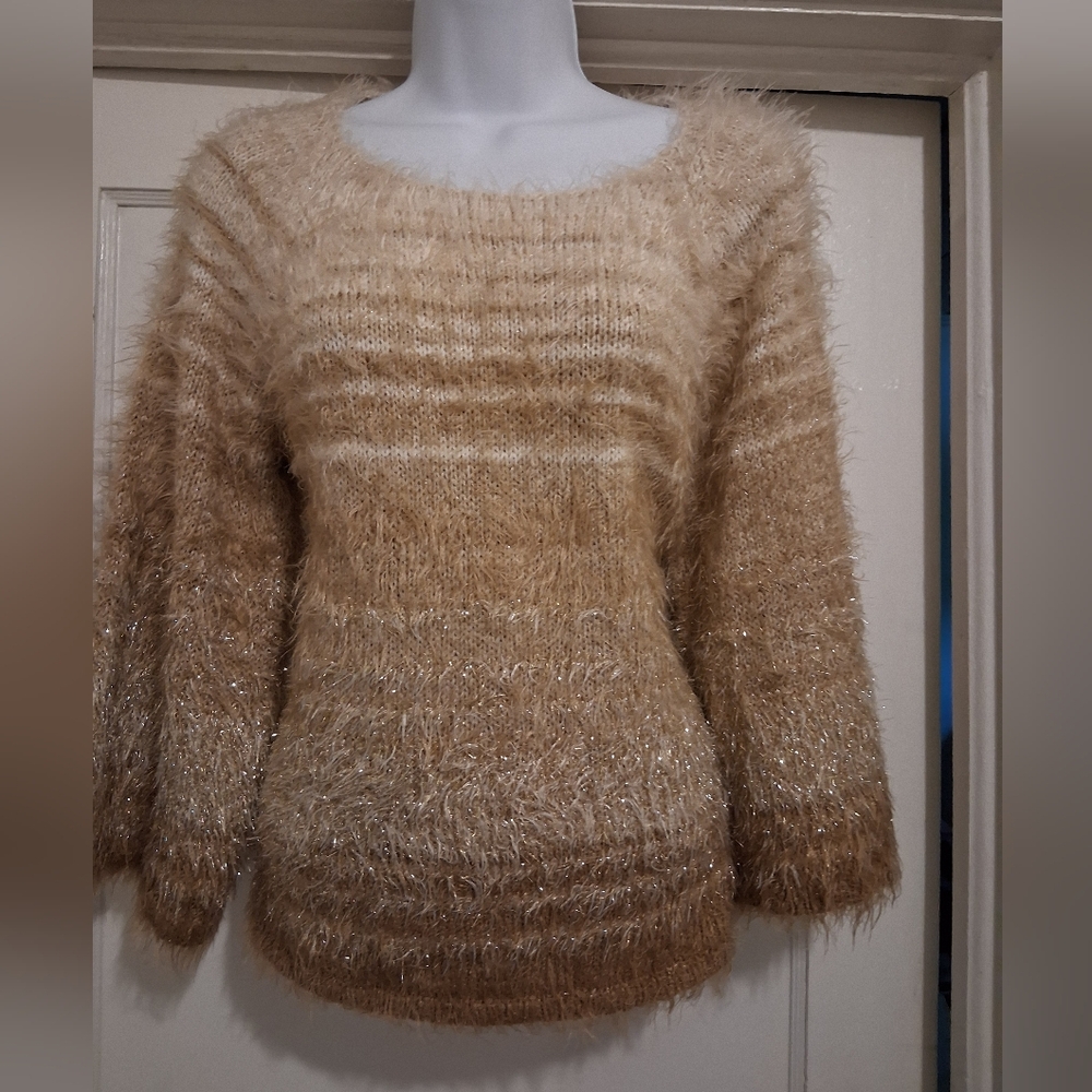 Ruby Rd. Metallic Trim Fuzzy Crewneck Sweater - Beige